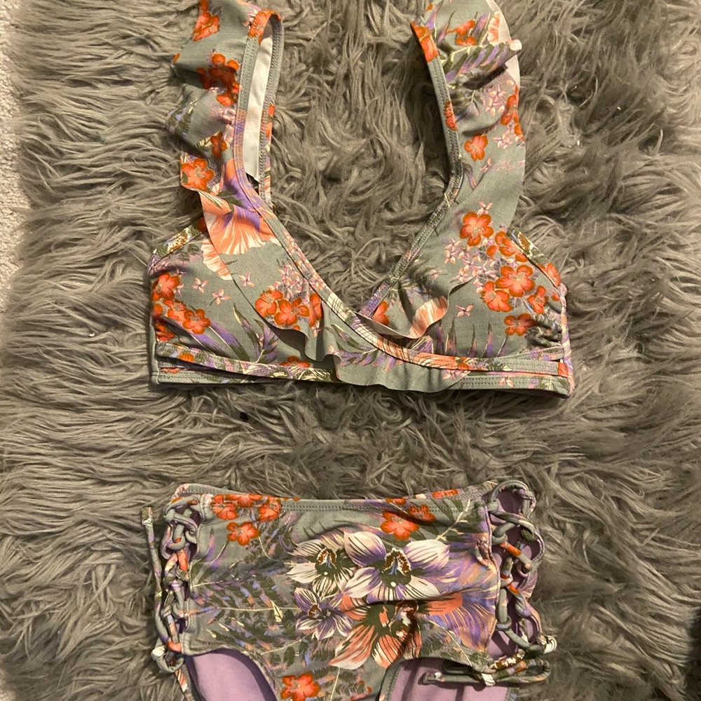 Floral Ruffly Bikini with High Waisted Bottoms
